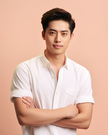 Portrait of handsome young asian man in white shirt on pink backgroundの素材