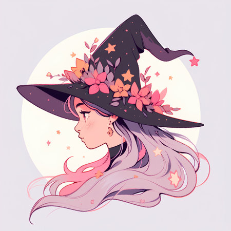 Beautiful girl in a witch hat with flowers. Vector illustration.の素材