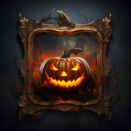 Halloween pumpkin in the frame on dark background. 3d illustrationの素材