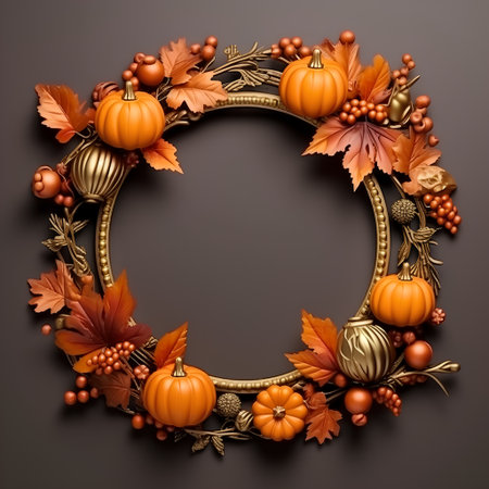 Autumn wreath with pumpkins and fall leaves on dark backgroundの素材