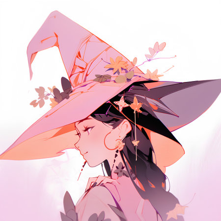 Halloween illustration of a beautiful witch in a hat on a white backgroundの素材