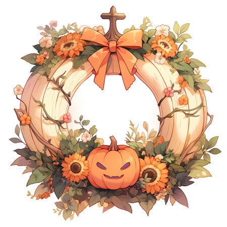Halloween wreath with pumpkins, leaves and flowers. Vector illustration.の素材