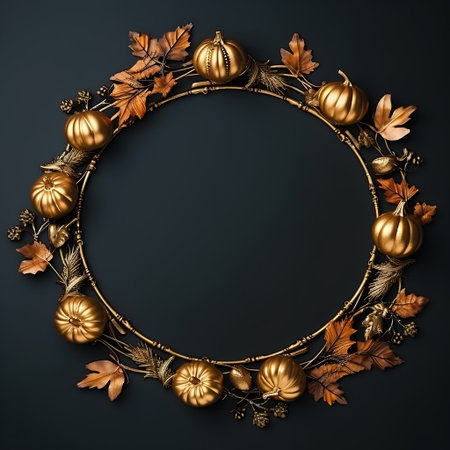 Autumn frame with pumpkins, leaves and acorns on dark backgroundの素材