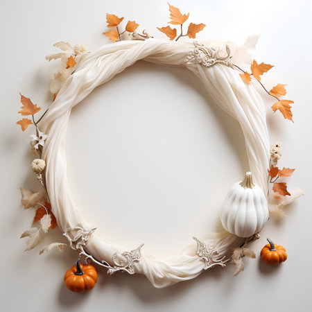 Autumn wreath with pumpkins and leaves on white background.の素材