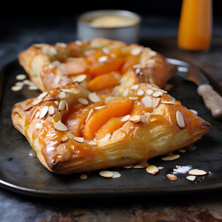 Homemade apricot pastry with honey and almond flakes, selective focusの素材