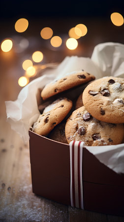 Chocolate chip cookies in a gift box on a wooden background.の素材