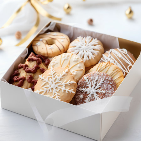 Christmas cookies in a gift box on a white wooden background, selective focus.の素材