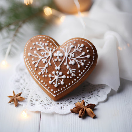Christmas gingerbread heart on a white wooden background. Toned.の素材