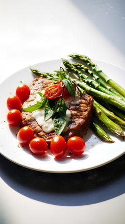 grilled beef steak with asparagus and cherry tomatoes on white plateの素材