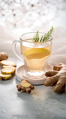 Ginger tea with lemon and rosemary on a light background.の素材