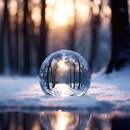 A crystal ball with a view of the winter forest. Winter landscape.の素材