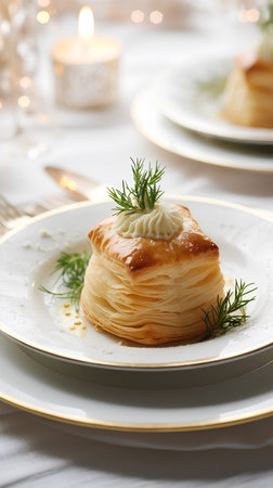 Puff pastry with cottage cheese and dill on a white plateの素材