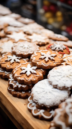 Christmas gingerbread cookies on a wooden board. Selective focus.の素材