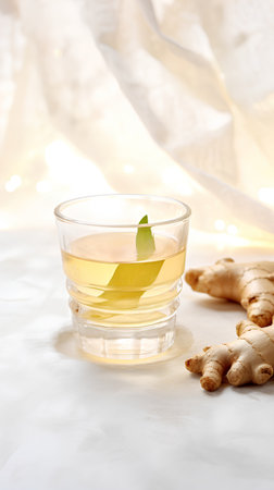 Ginger tea with lemon and ginger root on a white background.の素材