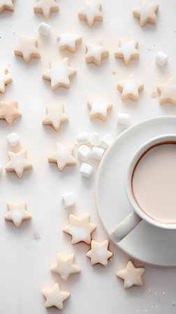 Cup of coffee and star shaped cookies on a white background.の素材