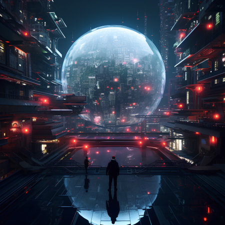 Man standing in front of futuristic city at night. 3D renderingの素材