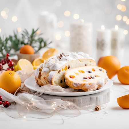 Christmas cake with raisins, candied fruit and icing sugarの素材
