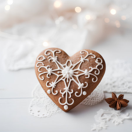 Christmas gingerbread heart on white wooden background with bokeh lightsの素材