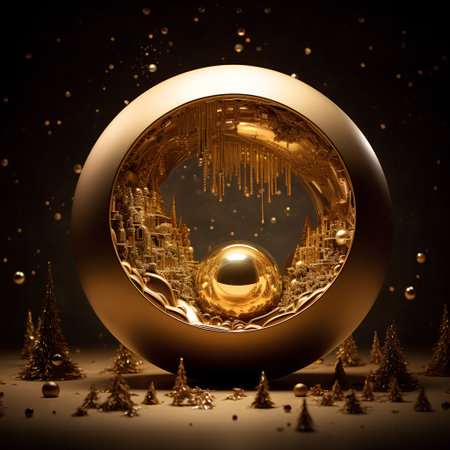 3d render of christmas background with golden sphere and christmas treeの素材