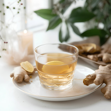 Glass of ginger tea with lemon and ginger root on a white backgroundの素材