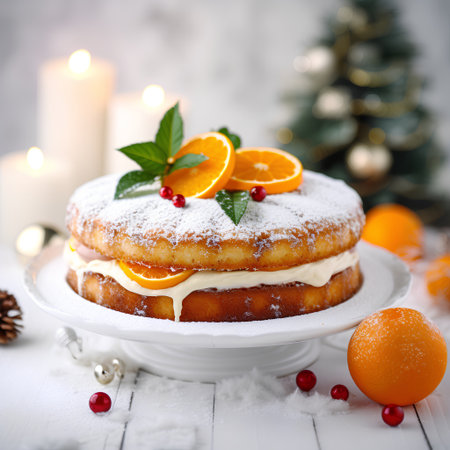 Christmas cake with oranges and icing sugar on a white background. Selective focus.の素材