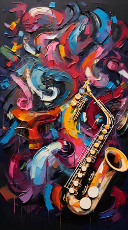 Digital painting of a saxophone and colorful graffiti on a black backgroundの素材