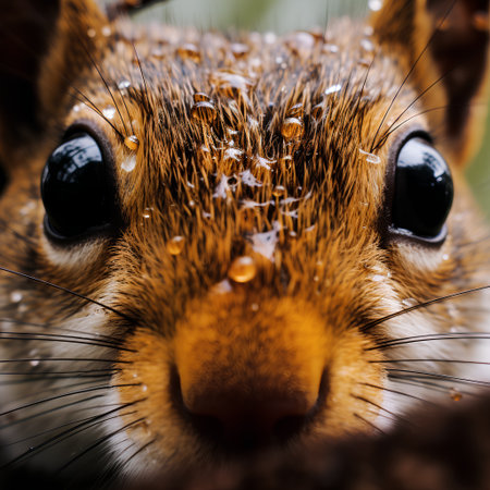 Close up of a squirrel with water droplets on its eye.の素材