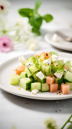 Greek salad with cucumber, feta cheese and dill.の素材