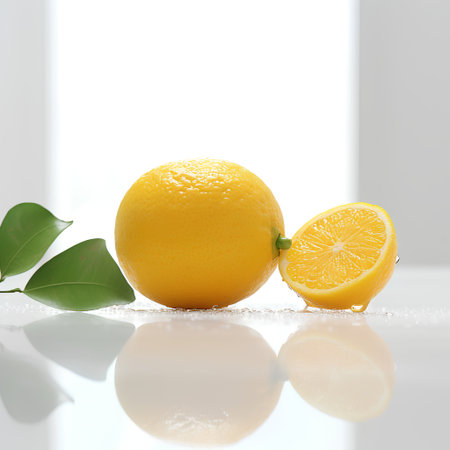 Lemons and lemons on a white background with reflection.の素材