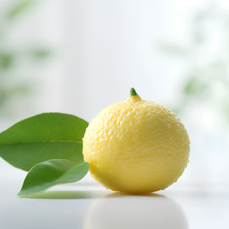 Lemon with green leaves on a white background. Selective focus.の素材