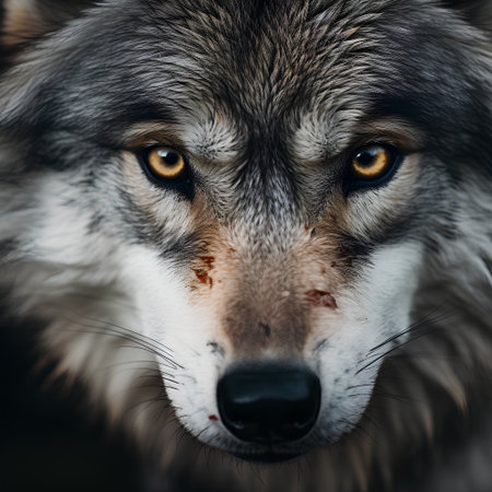 Portrait of a wolf with a beautiful yellow eyes. Close-up.の素材