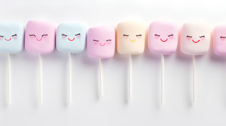 Cute marshmallow on stick on white background, sweet food conceptの素材