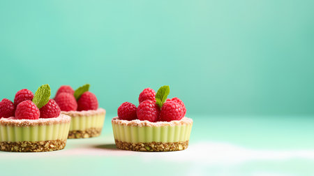 Raspberry tartlets with fresh raspberries on mint green background.の素材
