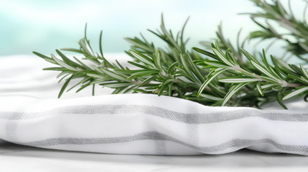Fresh rosemary on a white kitchen towel. Close-up.の素材