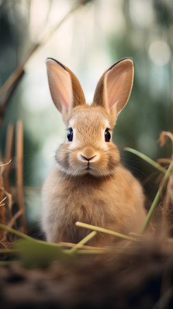 Cute little rabbit in the grass. Easter background. Toned.の素材