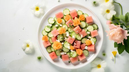 Salad with cucumber, melon, cucumber and feta cheese on a light background, top viewの素材