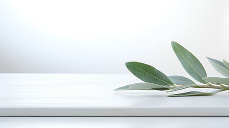 Olive branch on a white wooden background. Place for text.の素材