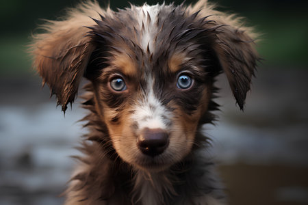 Portrait of a cute little Australian Shepherd puppy with sad eyes.の素材