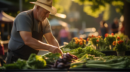 Senior man selling vegetables at a market in the old town of Riga, Latvia.の素材