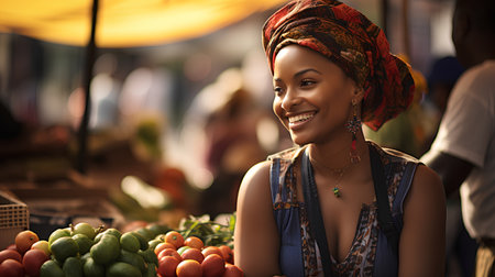 Beautiful african american woman selling fruits and vegetables at marketの素材