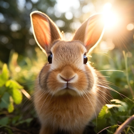 Cute little rabbit on green grass in sunny day, closeupの素材