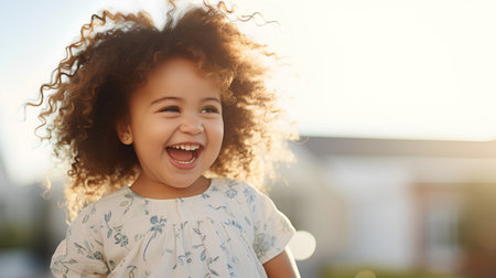 Portrait of a happy little girl with curly hair, outdoors.の素材