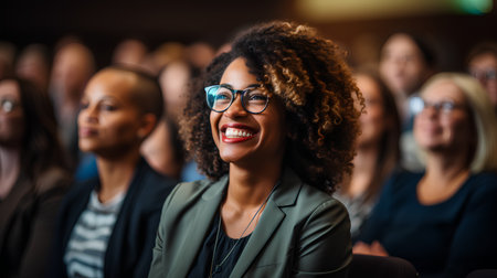 Portrait of a smiling african american businesswoman in eyeglasses at the conference hallの素材