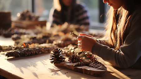 Girl making christmas decoration with pine cones on table in workshop.の素材