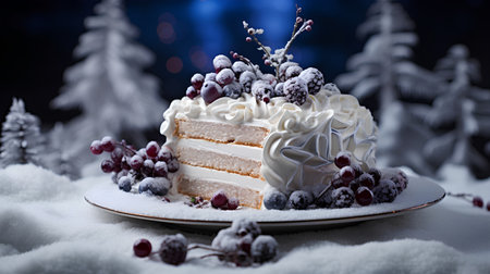 Christmas Cheesecake with Berries and Frosting on Snow Backgroundの素材