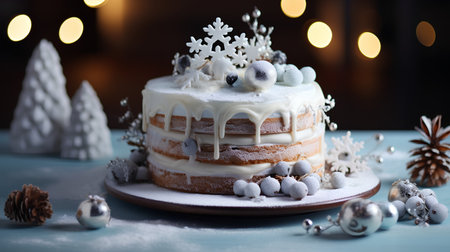 Christmas cake with snowflakes and decorations on a blue background.の素材