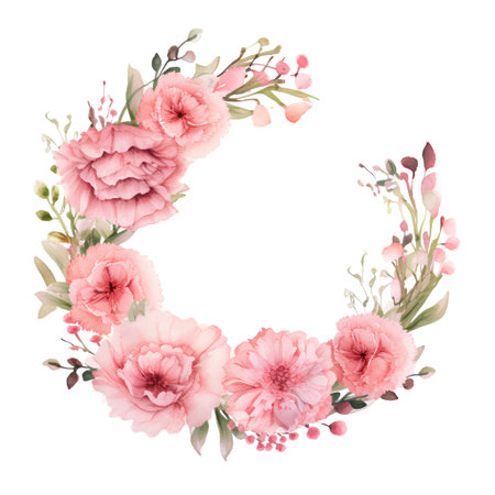 Watercolor floral wreath with pink carnation flowers and eucalyptus branches isolated on white background.の素材