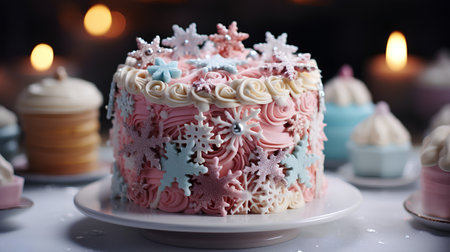 Beautiful birthday cake with snowflakes and candles on a dark backgroundの素材
