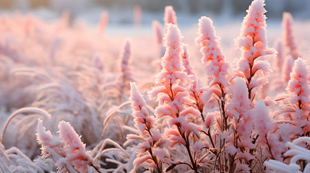 Frosted grass in the morning light. Beautiful winter landscape.の素材
