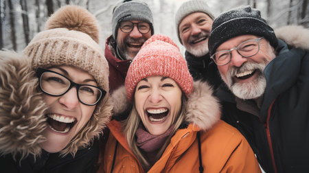 Portrait of a group of friends laughing together in the winter forestの素材